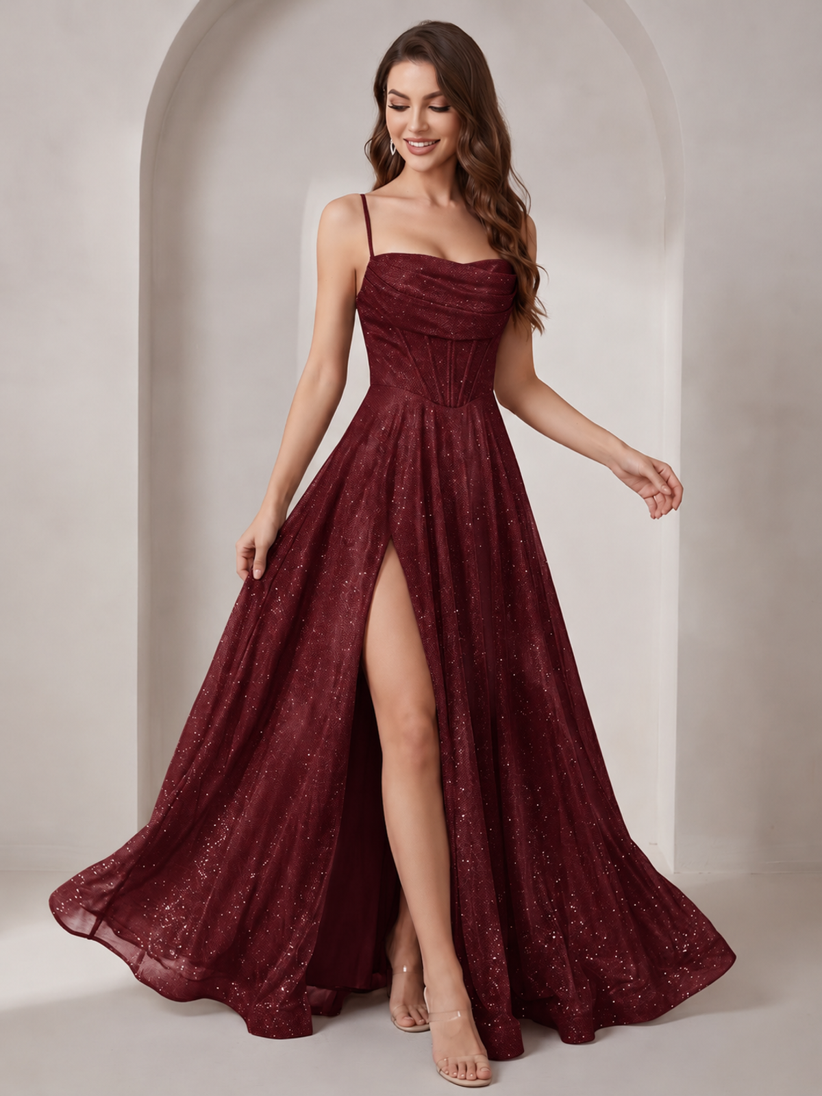 Sparkly Cowl Neck Corset Long Prom Dress with Slit A-line Tulle Ball Gown