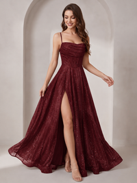 Sparkly Cowl Neck Corset Long Prom Dress with Slit A-line Tulle Ball Gown