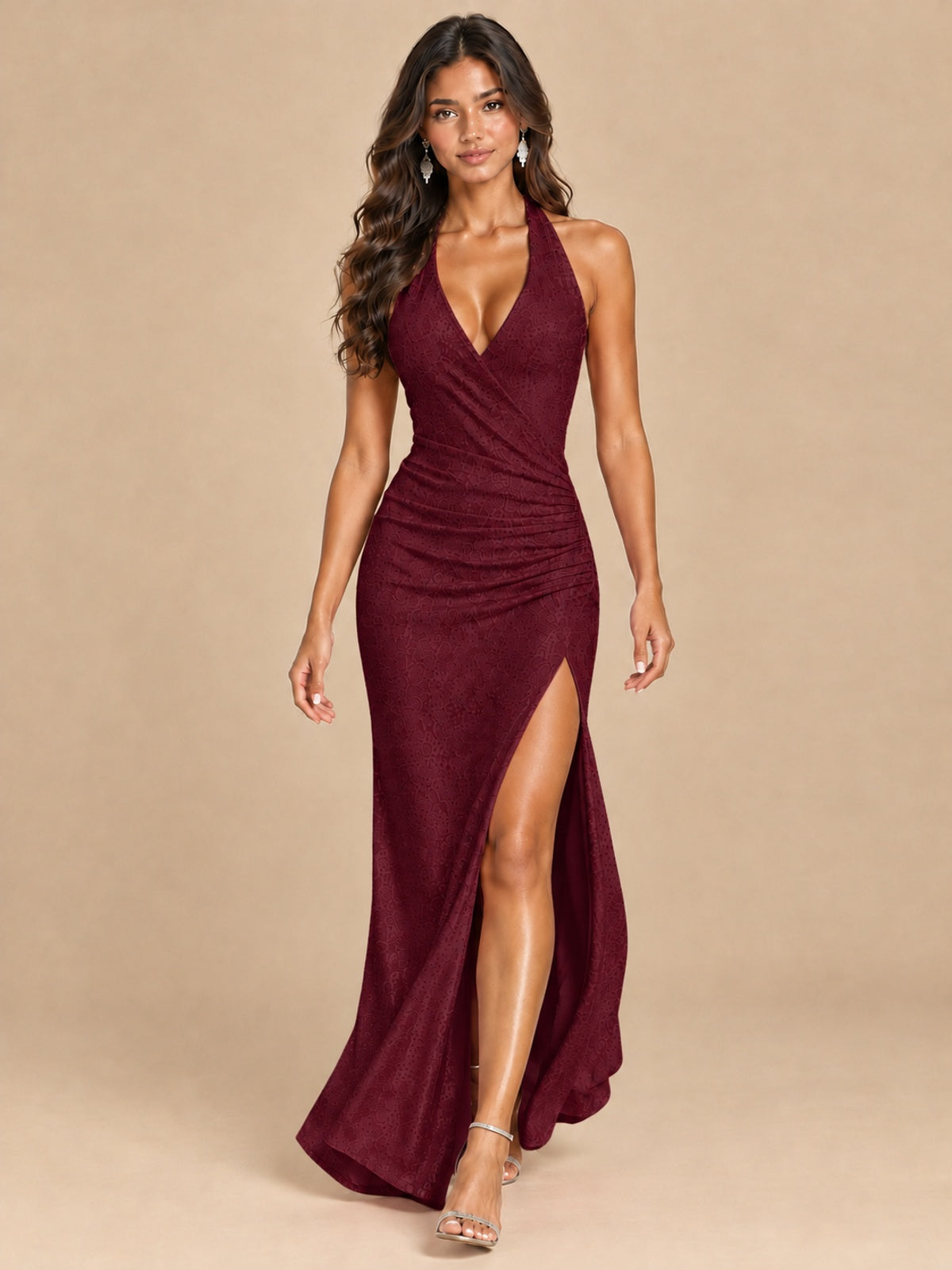 Halter V-Neck Sequin Mermaid Prom Dress with High Slit
