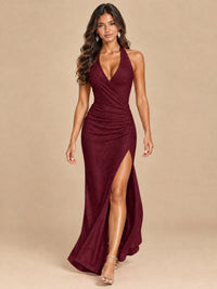 Halter V-Neck Sequin Mermaid Prom Dress with High Slit