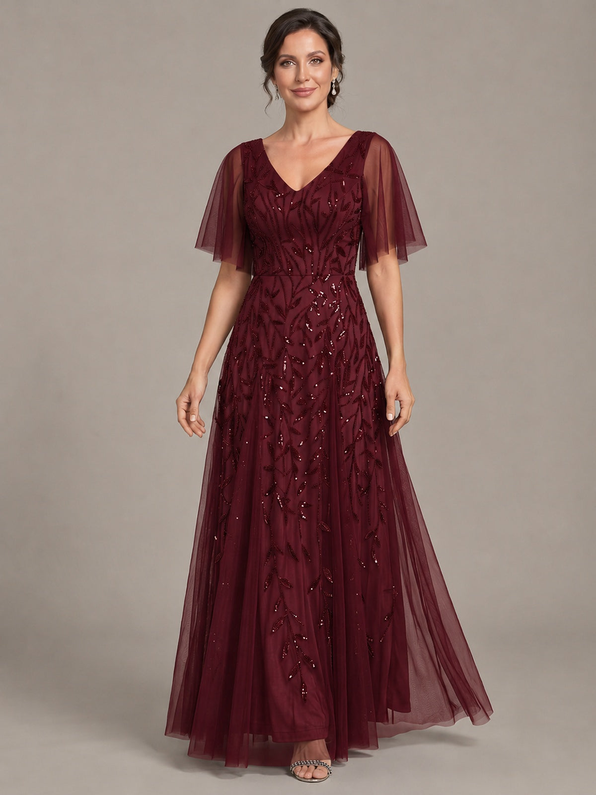 V-Neck Sequin Tulle Mother of the Bride Dress with Flutter Sleeve