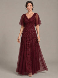 V-Neck Sequin Tulle Mother of the Bride Dress with Flutter Sleeve