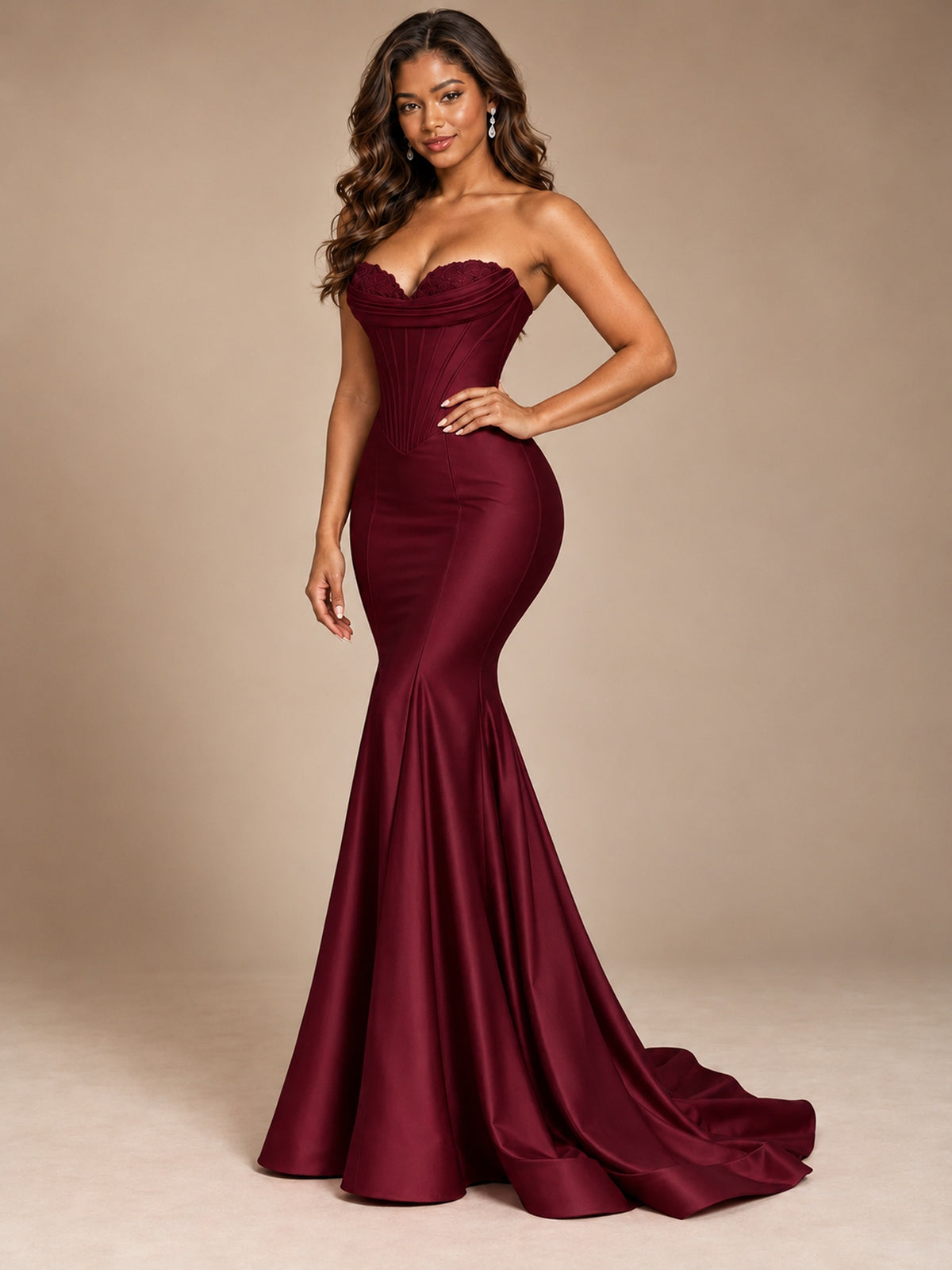 Red Strapless Satin Mermaid Prom Dress with Corset Bodice