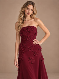 Yellow Strapless A-line Satin Maxi Dress with 3D Floral