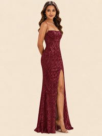 Sequin Lace Appliques Mermaid Prom Dress Spaghetti Strap Formal Gowns with Slit