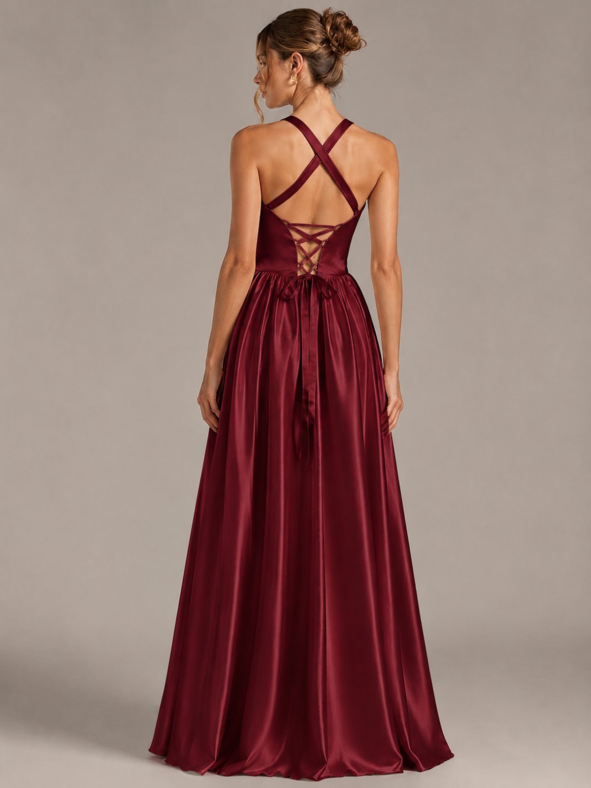 Light Yellow Halter Neck Satin A-Line Maxi Dress with Pockets