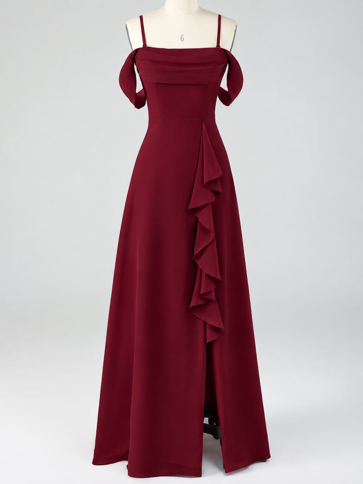 Spaghetti Strap Chiffon Bridesmaid Dress with Ruffles Slit