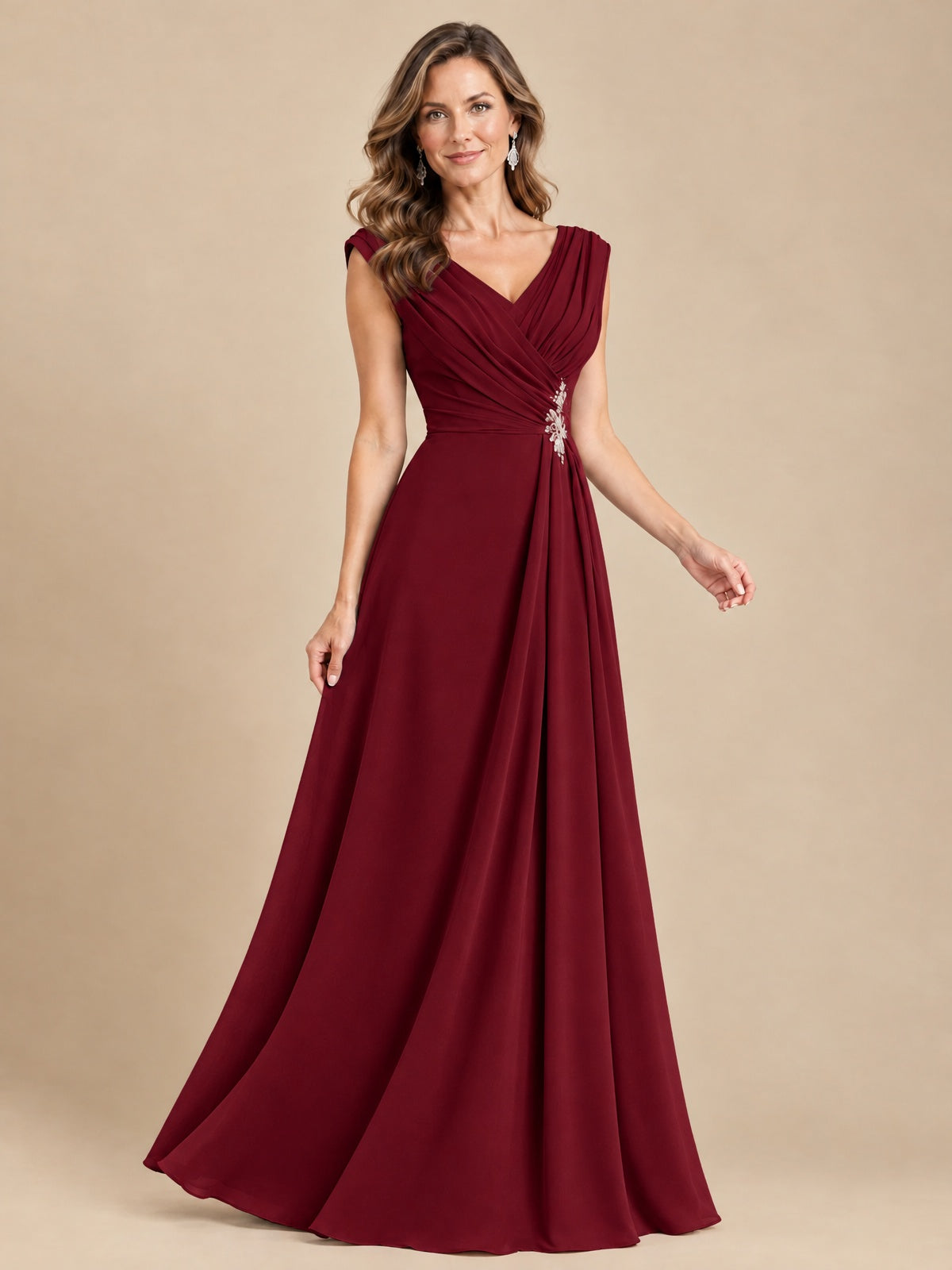 V Neck Pleated Mother of The Bride Dresses with Beading Cap Sleeves