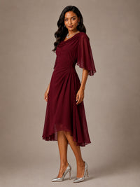 Cowl Neck Ruched Chiffon Mother of the Bride Dresses with Flutter Sleeves