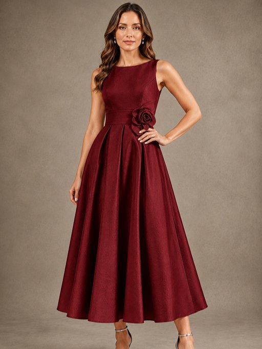 Tea-Length Satin Mother of the Bride Dress with 3D Flower Detail