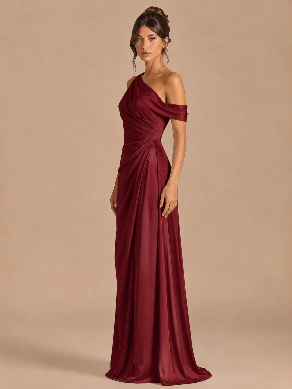 Satin One Shoulder Prom Dress Ruched Long Formal Evening Gown
