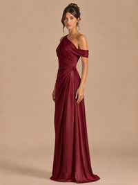 Satin One Shoulder Prom Dress Ruched Long Formal Evening Gown