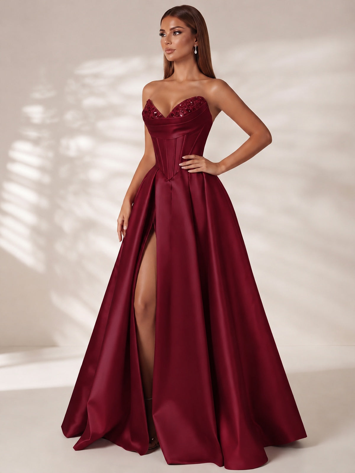 Strapless Corset Satin Prom Dress Long Evening Gown with High Slit