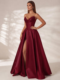 Strapless Corset Satin Prom Dress Long Evening Gown with High Slit
