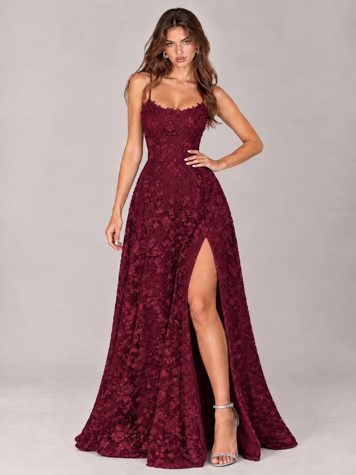 Floral Lace A-Line Prom Dress with Spaghetti Straps & High Slit