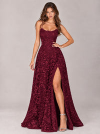 Floral Lace A-Line Prom Dress with Spaghetti Straps & High Slit
