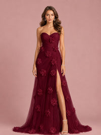 3D Floral Applique Strapless Tulle Prom Dress with High Slit