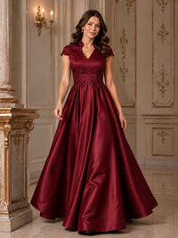 Lace Appliqué A-Line Satin Maxi Dress