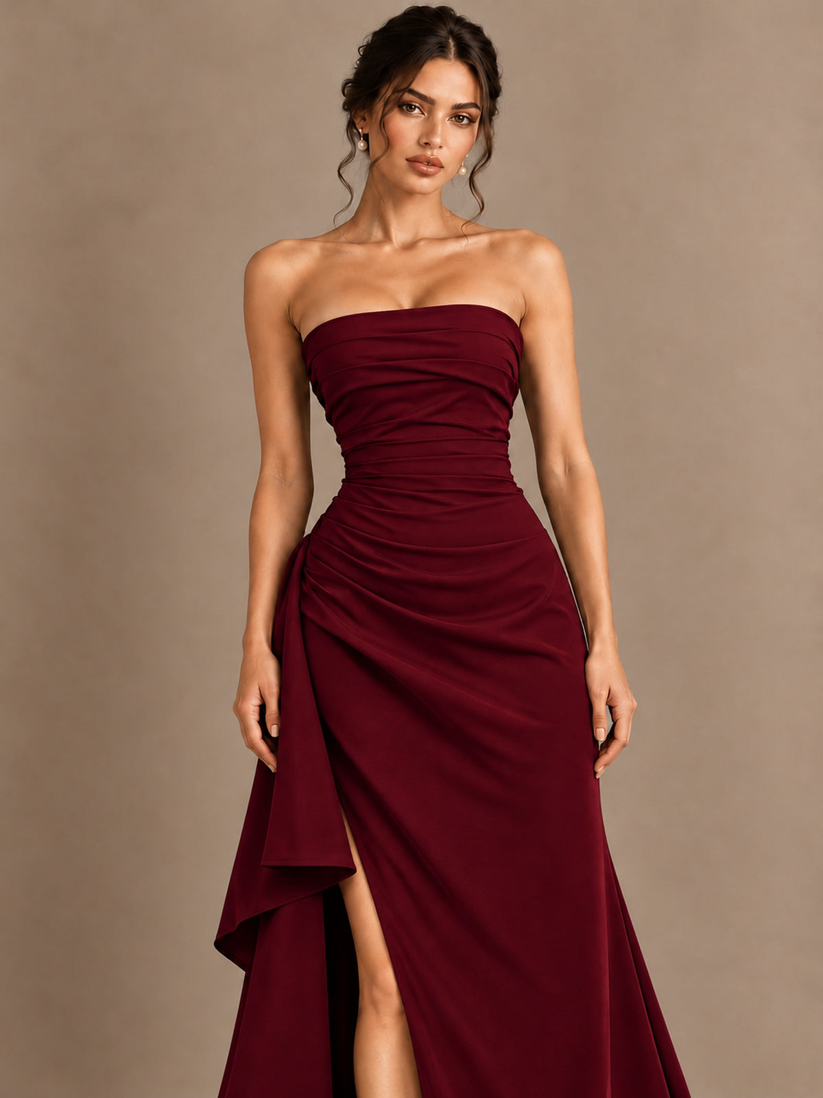 Black and White Strapless Ruched Prom Dress with High Slit & Side Drape