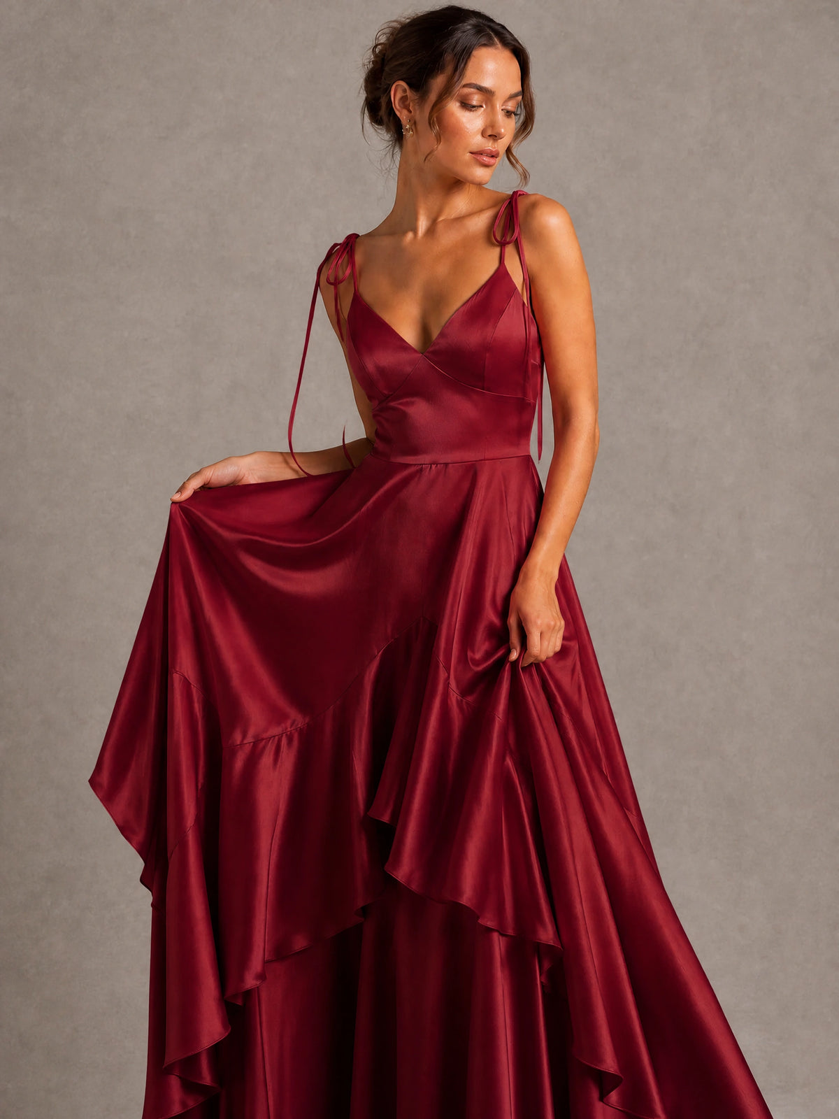 Lavender Satin V-Neck Ruffle Maxi Dress