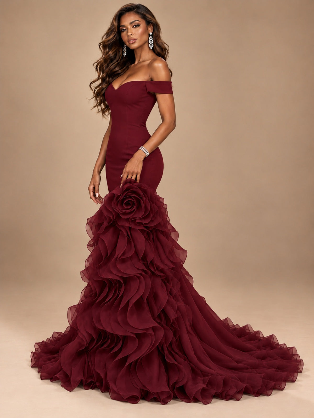 Dusty Blue Off-the-Shoulder Mermaid Prom Dress with 3D Rose & Ruffles