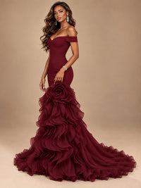 Dusty Blue Off-the-Shoulder Mermaid Prom Dress with 3D Rose & Ruffles