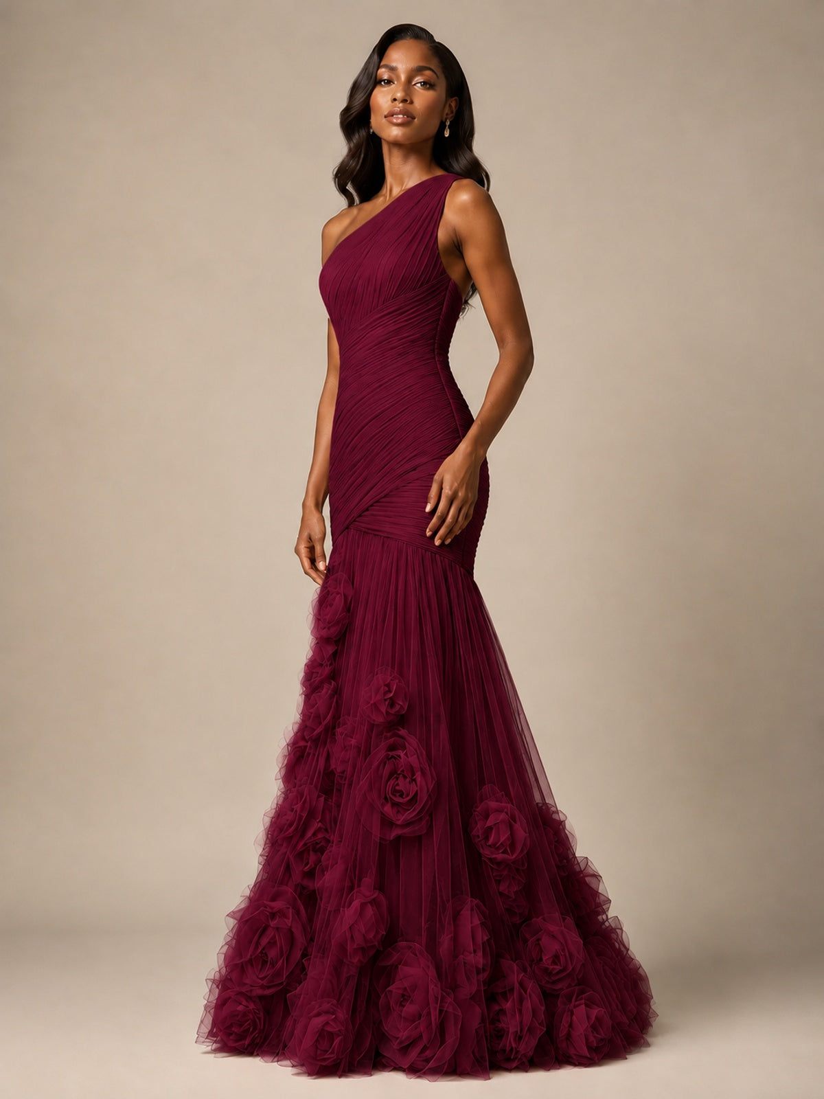 Blush Pink One Shoulder 3D Floral Mermaid Prom Dress