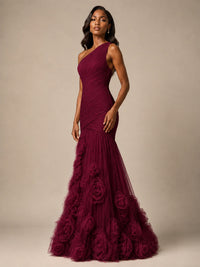 Blush Pink One Shoulder 3D Floral Mermaid Prom Dress