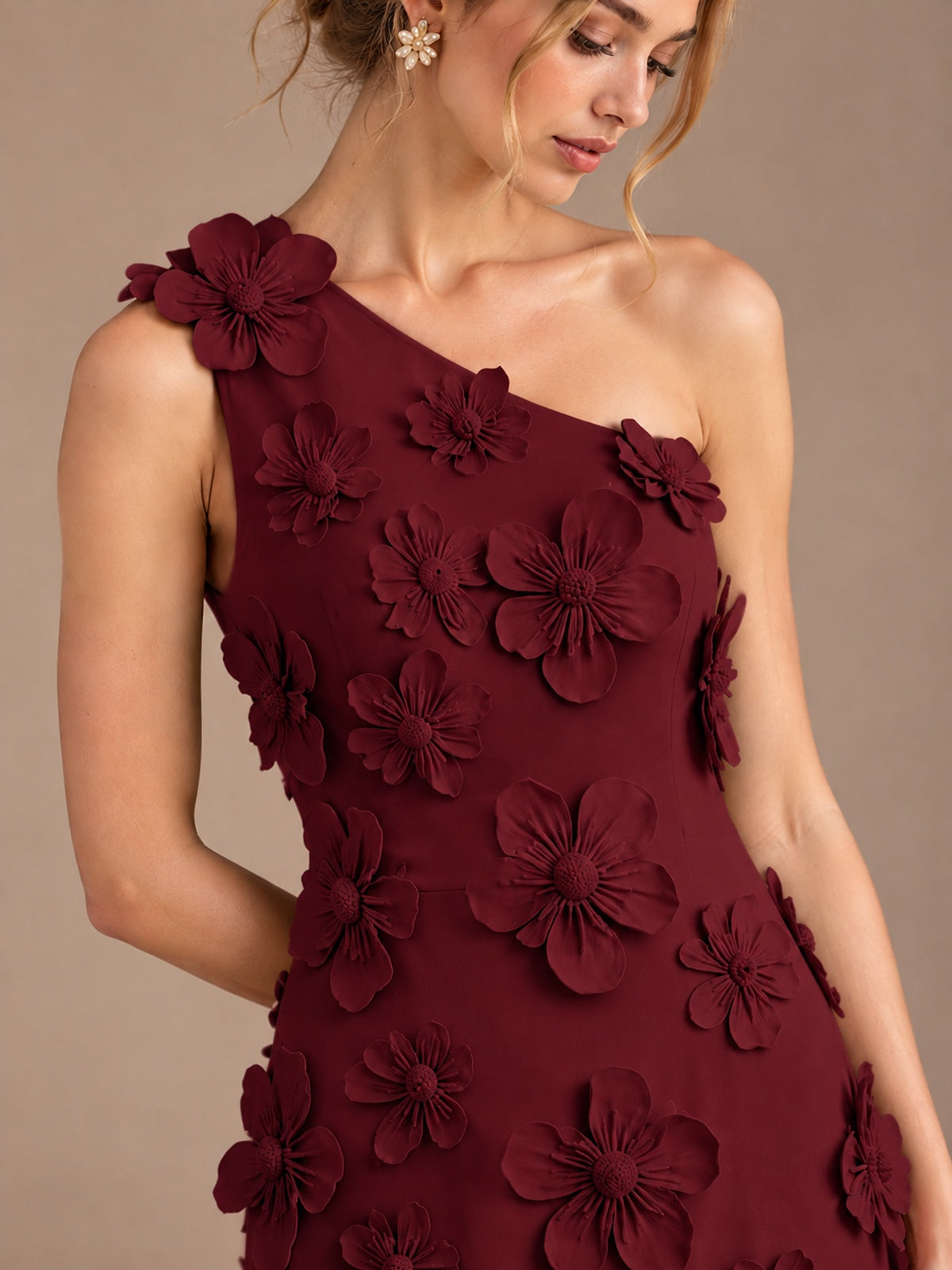 Sage Green One Shoulder Satin Formal Maxi Dress with 3D Floral