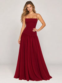 Butter Yellow Ruched Spaghetti Strap Drop-Waist Prom Dress