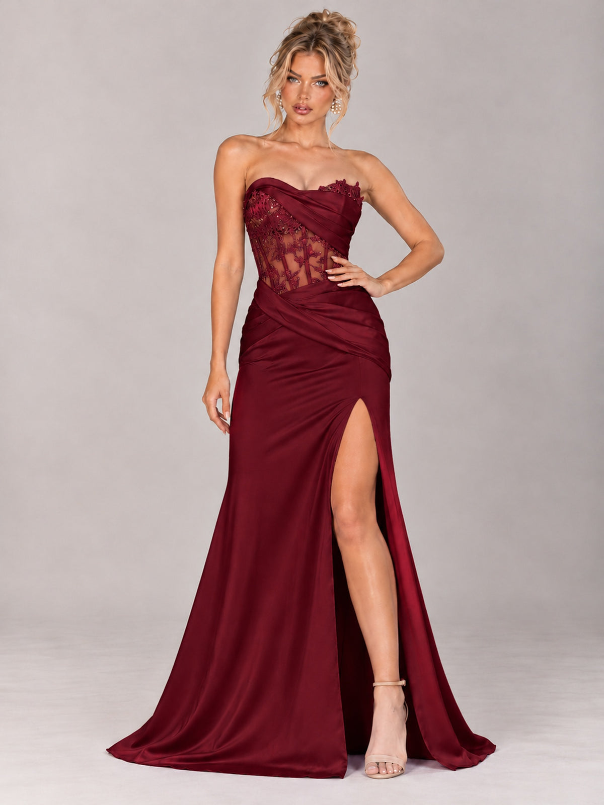 Strapless Satin Prom Dress with Sheer Lace Corset & High Slit