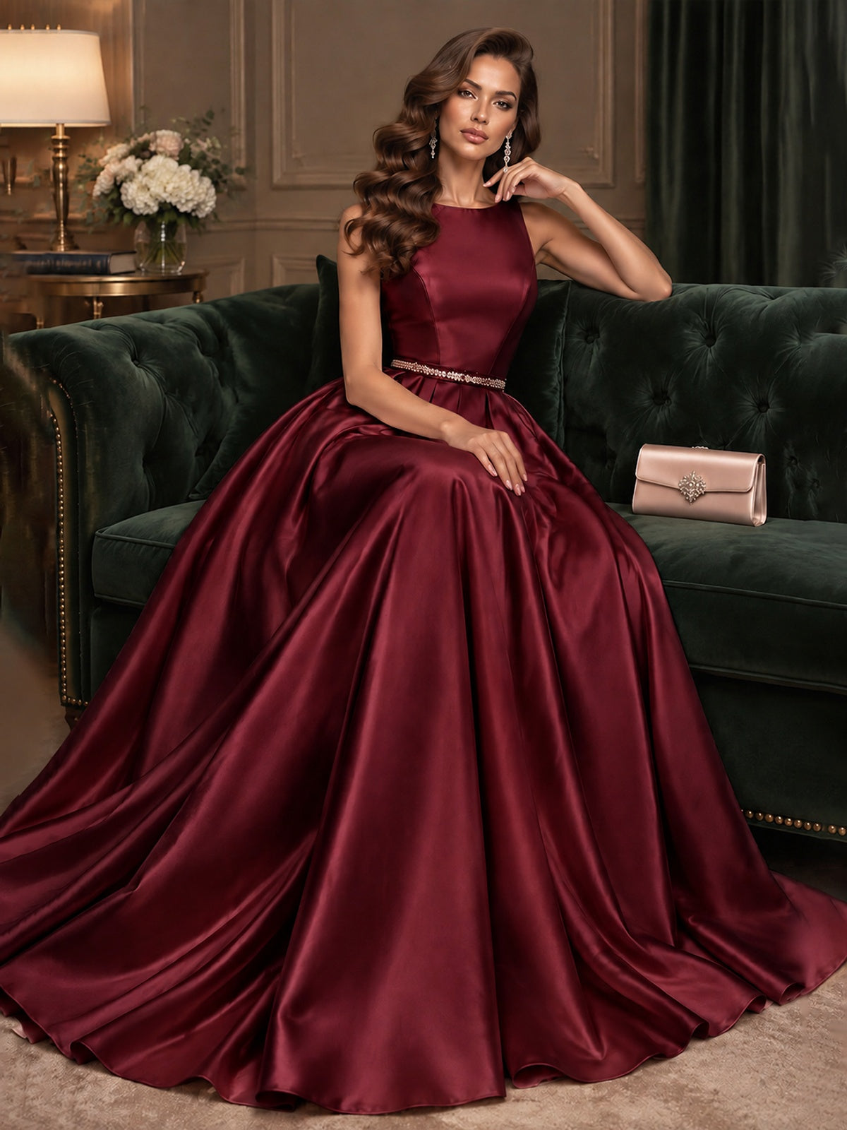 Satin A-Line Prom Dress Sleeveless Beaded Waist Formal Gown with Pockets