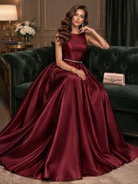 Satin A-Line Prom Dress Sleeveless Beaded Waist Formal Gown with Pockets