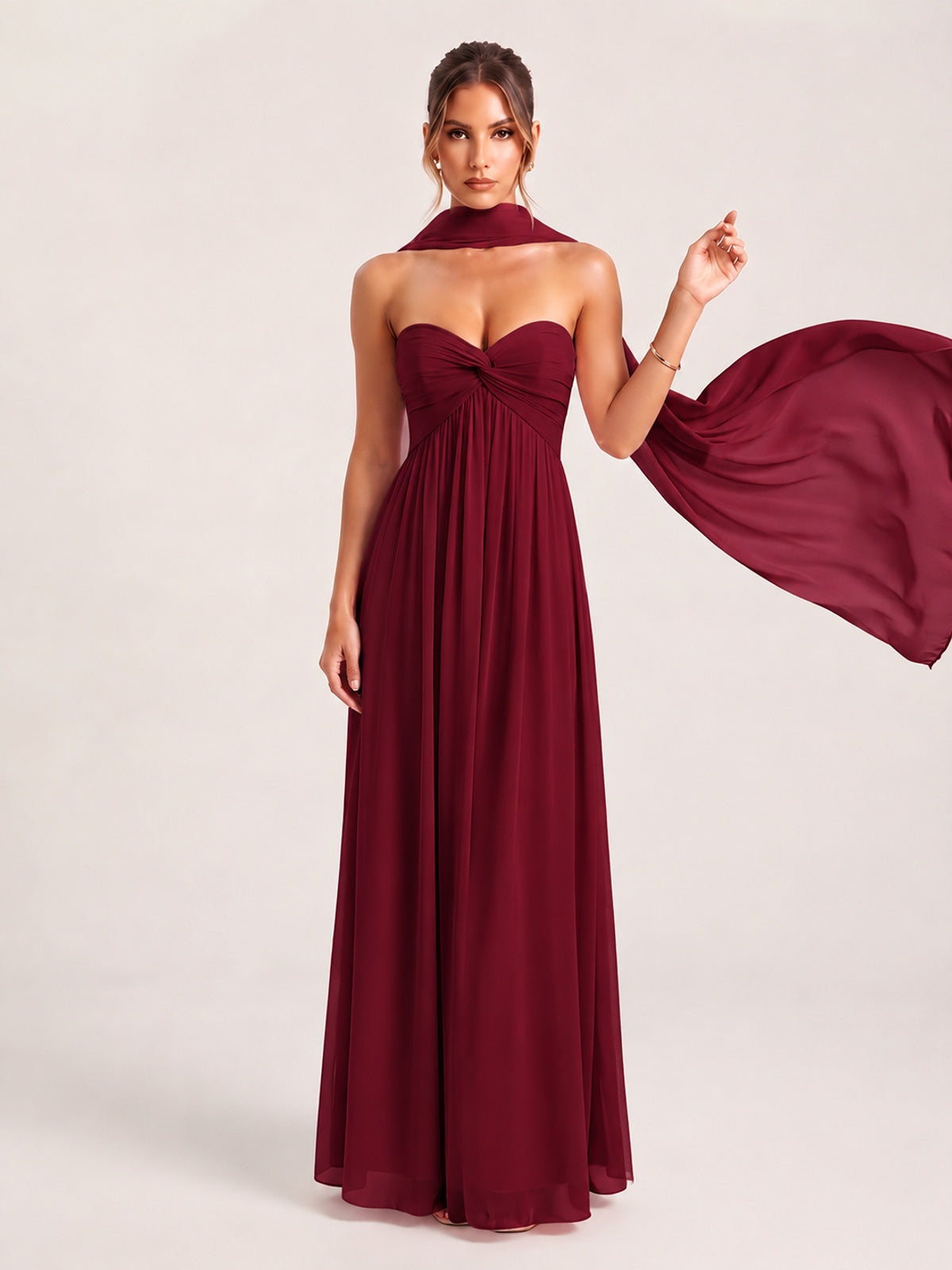 Strapless Ruched Chiffon Long Prom Dress with Scarf