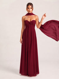 Strapless Ruched Chiffon Long Prom Dress with Scarf
