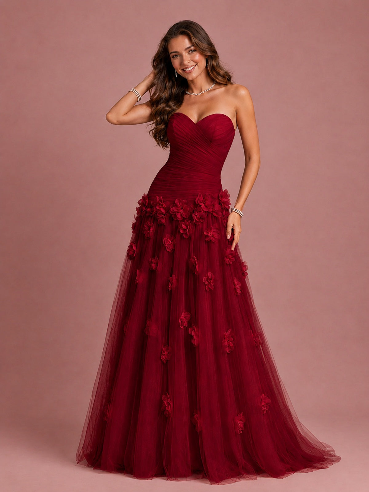 Blush Pink Strapless Sweetheart 3D Floral Tulle Ball Gown Prom Dres