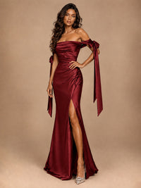 Off The Shuolder Satin Prom Dress Slit Mermaid Formal Gowns