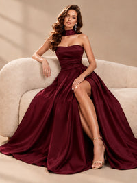 Strapless Prom Dress Side High Slit A-line Formal Dress with Scarf