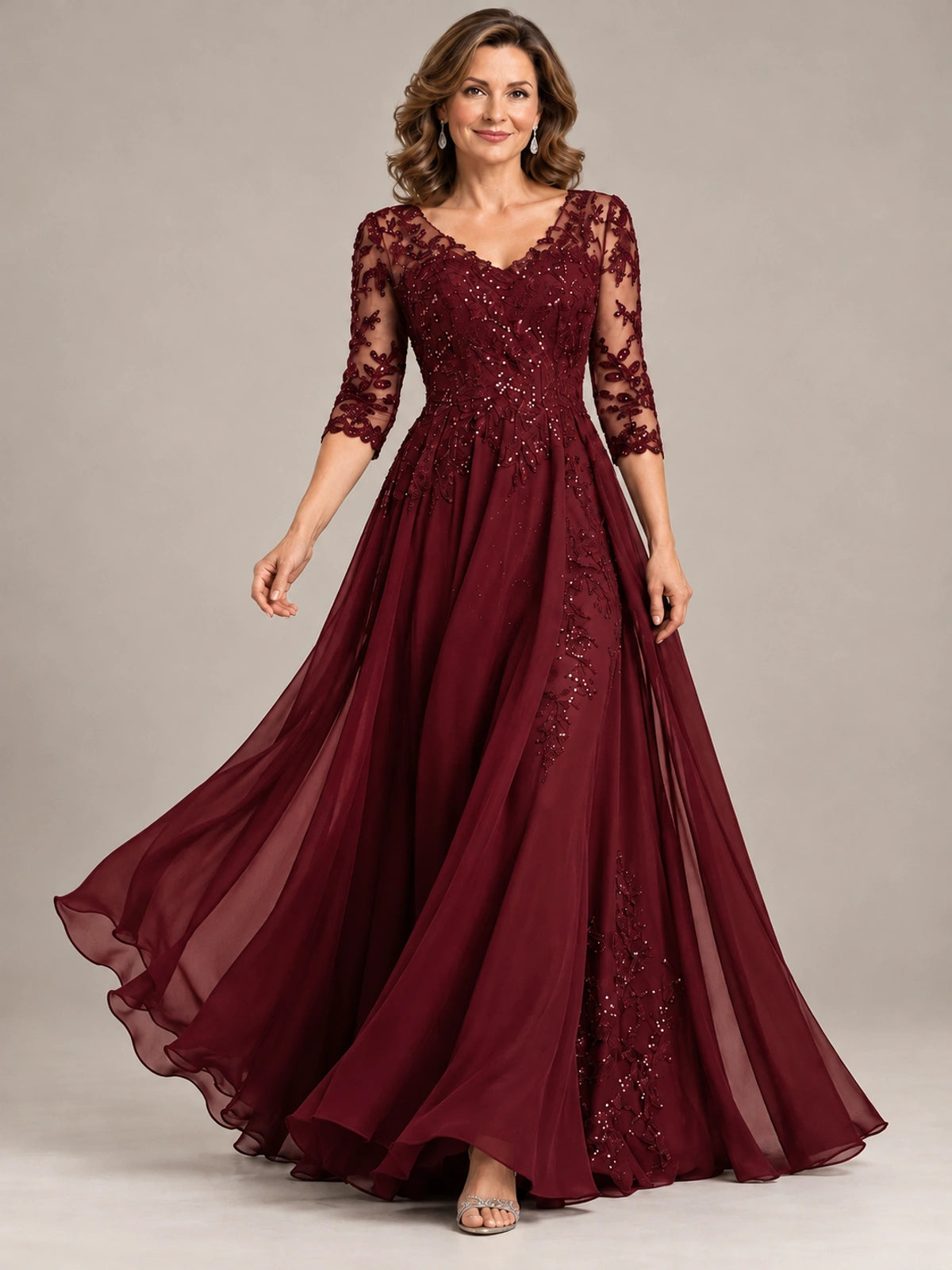 Sequin Lace A-Line Mother of the Bride Dress with 3/4 Sleeves