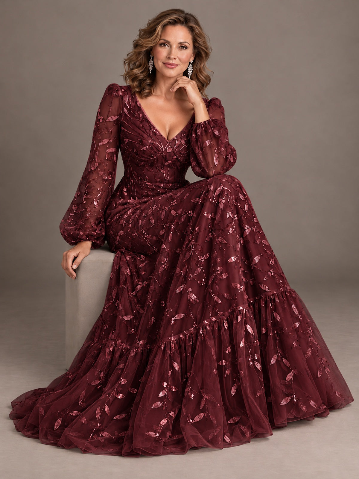 Floral Sequin Embroidered A-Line Mother of the Bride Dress with Long Sleeves