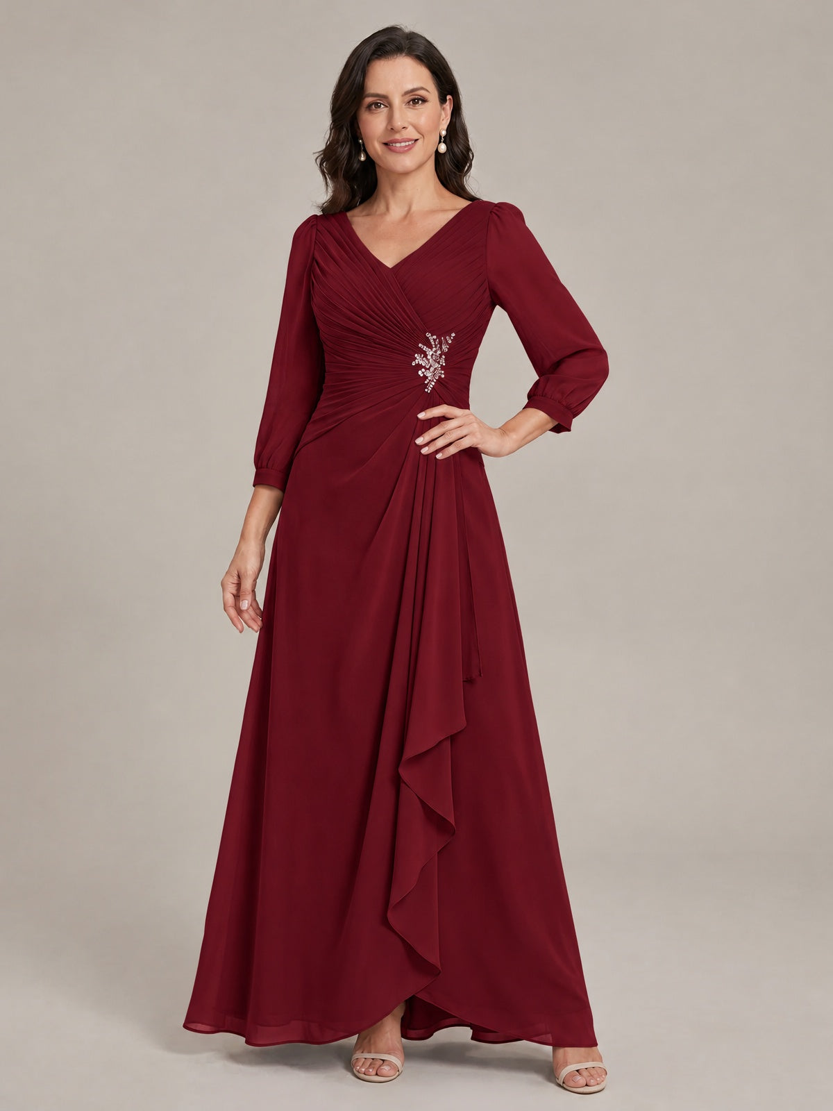 V-Neck Pleated Chiffon Mother of the Bride Dress with Flutter Sleeves