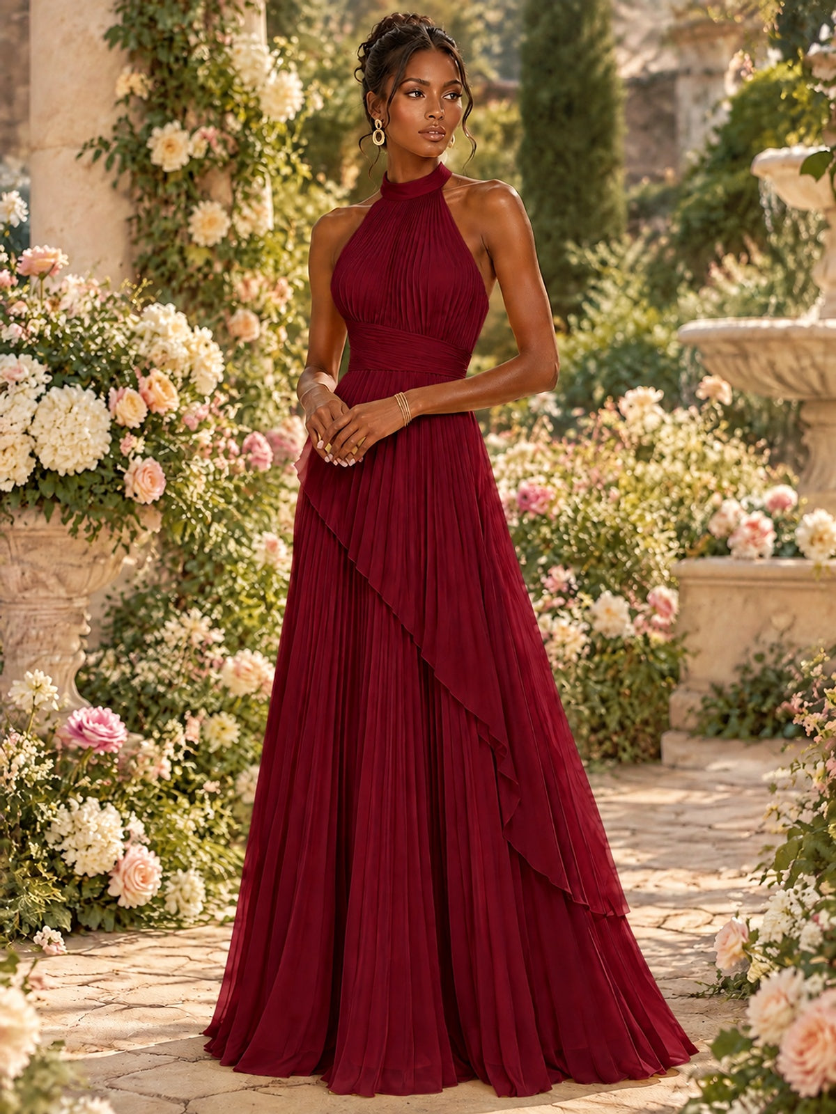 Wrap Pleated Prom Dress Halter A-line Chiffon Formal Wedding Dress