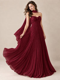 Sweetheart Neckline Pleated Prom Dress Strapless A-line Formal Dress with Flowy Scarf