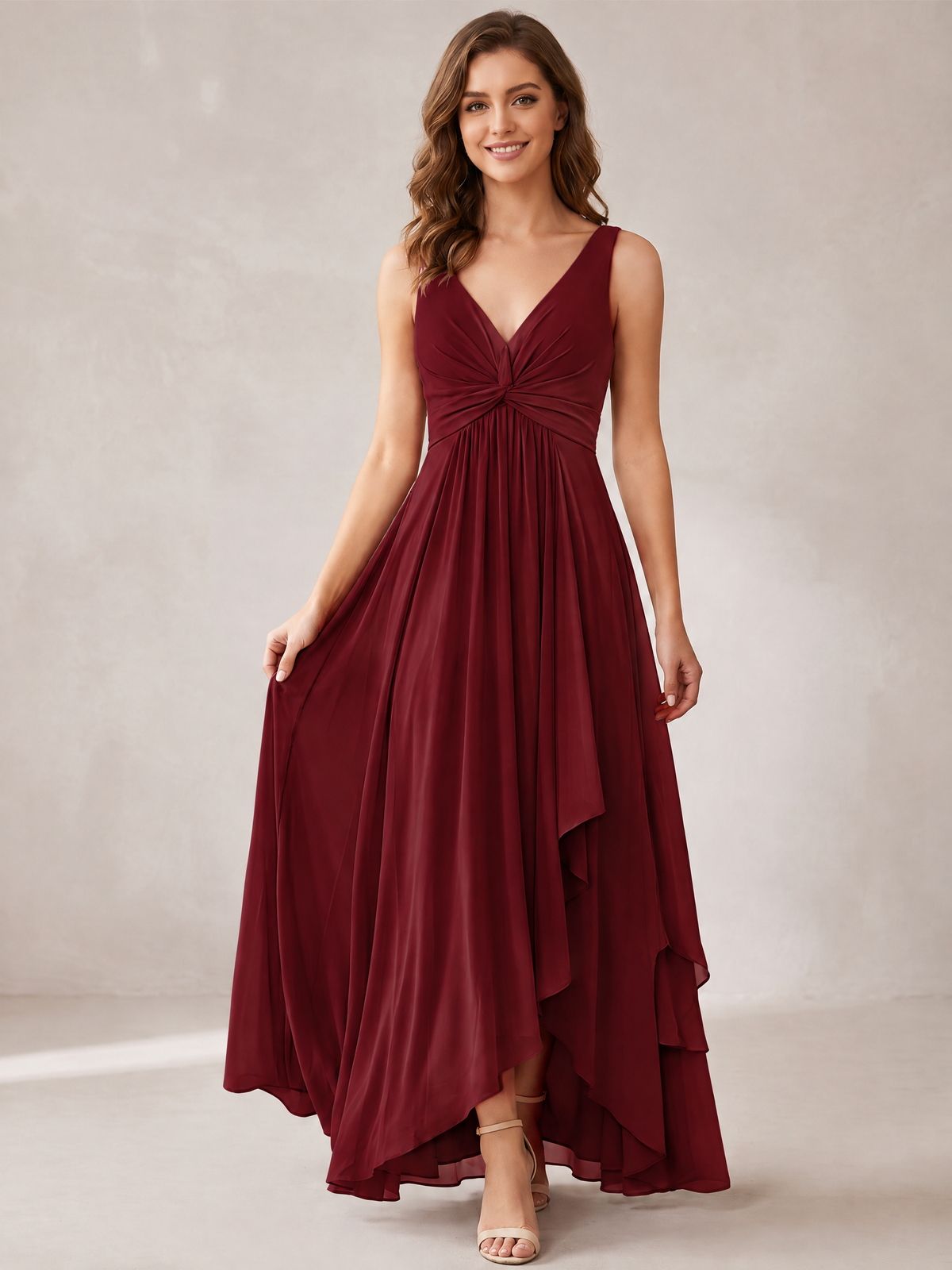 V-Neck High-Low Chiffon Bridesmaid Dress with Ruffles