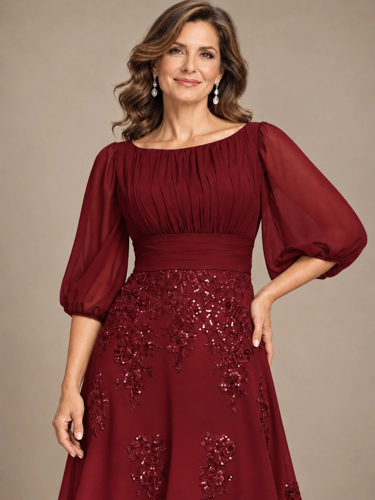 A-Line Mother of the Bride Dress with Sheer Puff Sleeves