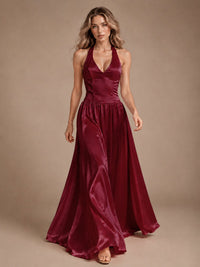 Pink V Neck Halter Satin Maxi Dress