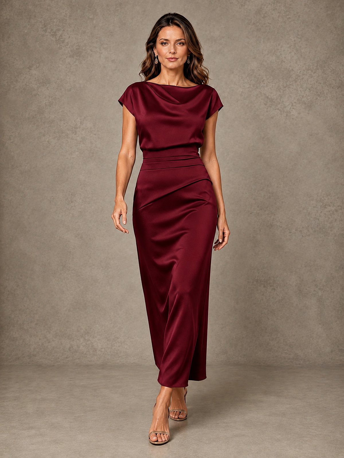 Cowl Neck Satin Mother of the Bride Dress with Ruched Waist