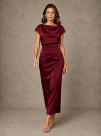 Cowl Neck Satin Mother of the Bride Dress with Ruched Waist
