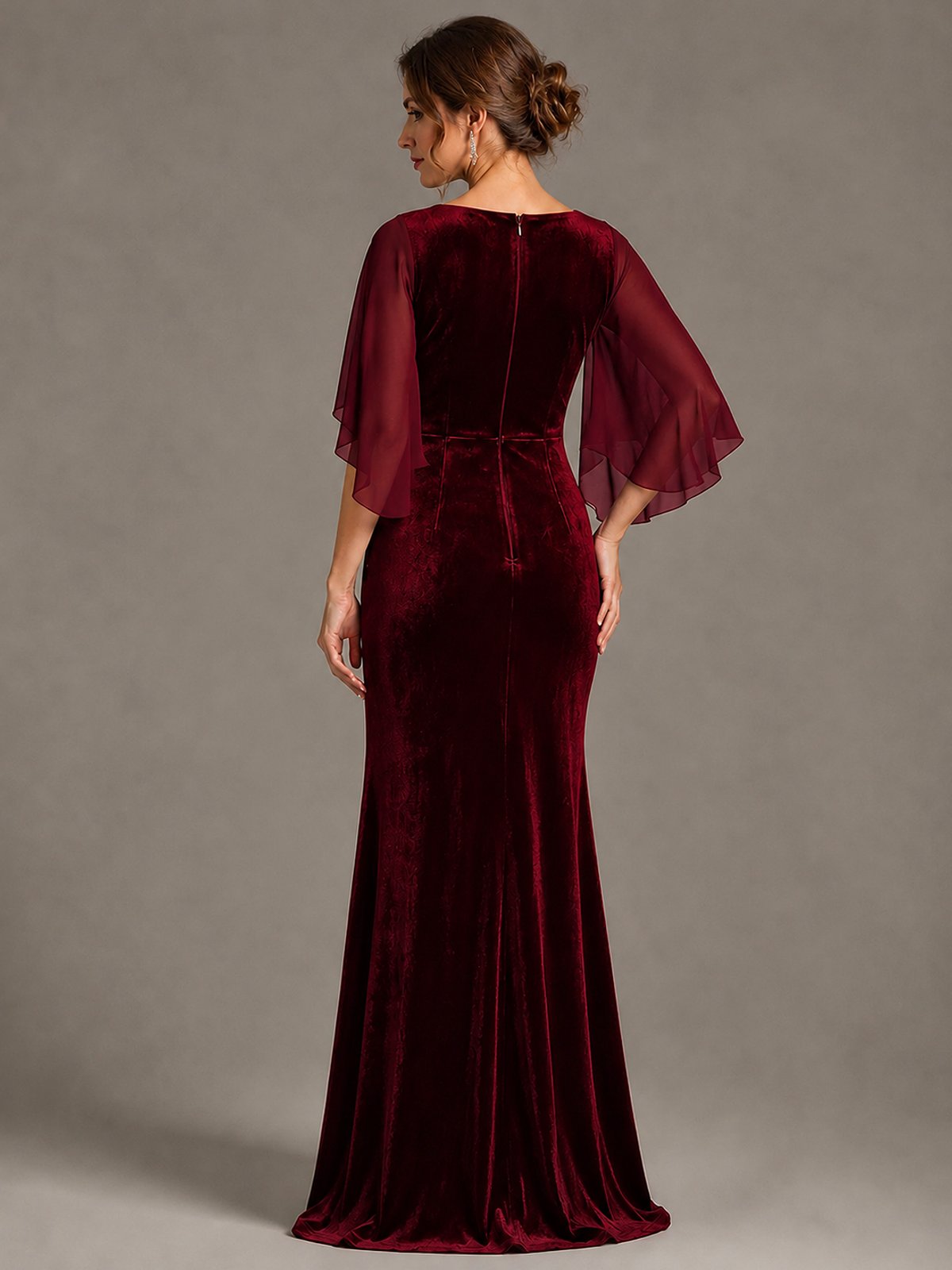 Navy Blue Velvet V Neck Mermaid Formal Dress with Flutter Cape Sleeves