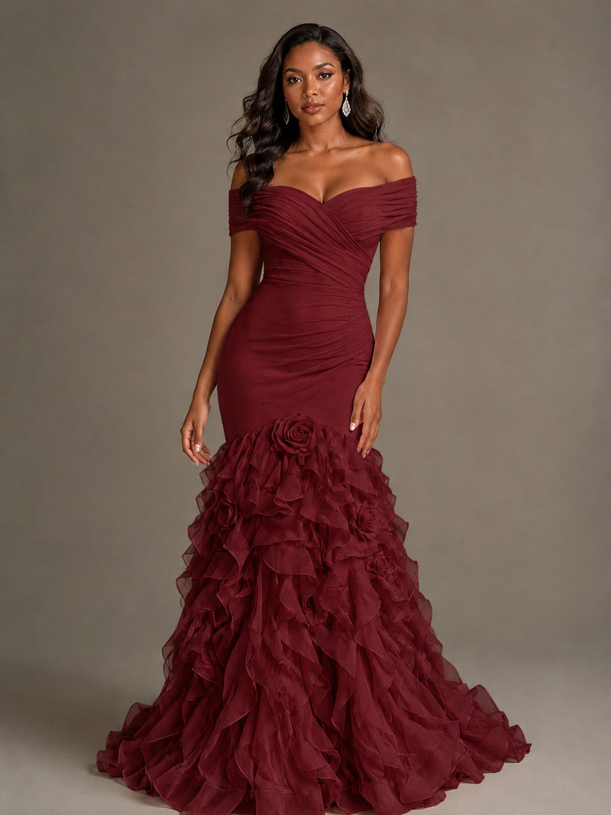 Pink Off-the-Shoulder Mermaid Prom Dress with Ruffles 3D Flowers